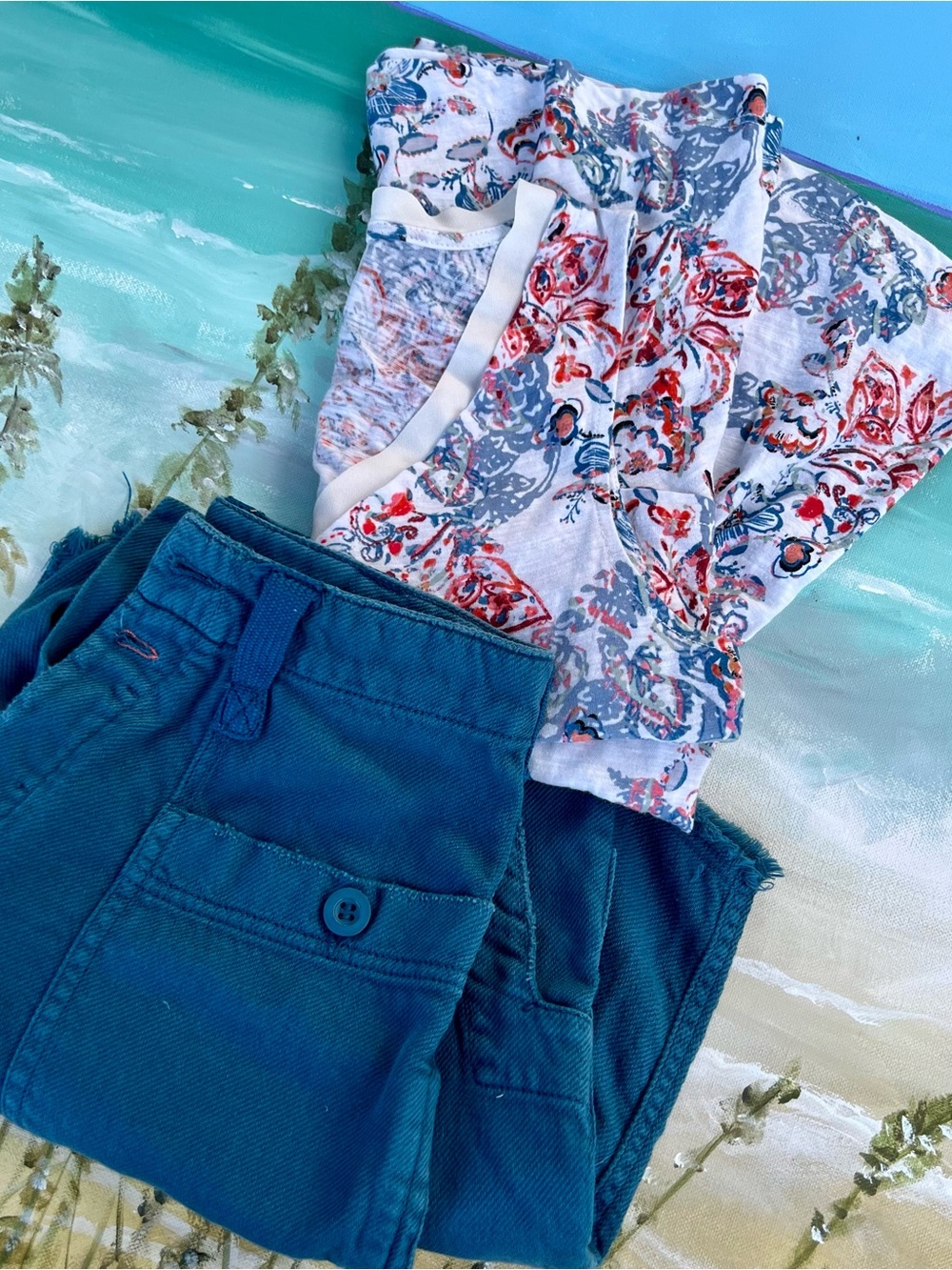 Anthropologie Pilcro High-Waist Women's Shorts in Teal; Deletta Floral Top Small